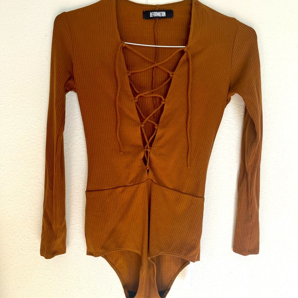 Reformation Bodysuit in Sienna with Front-Lace Detail
